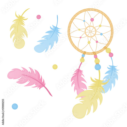 Dreamcatcher with colorful feathers and marbles. Vector illustration.