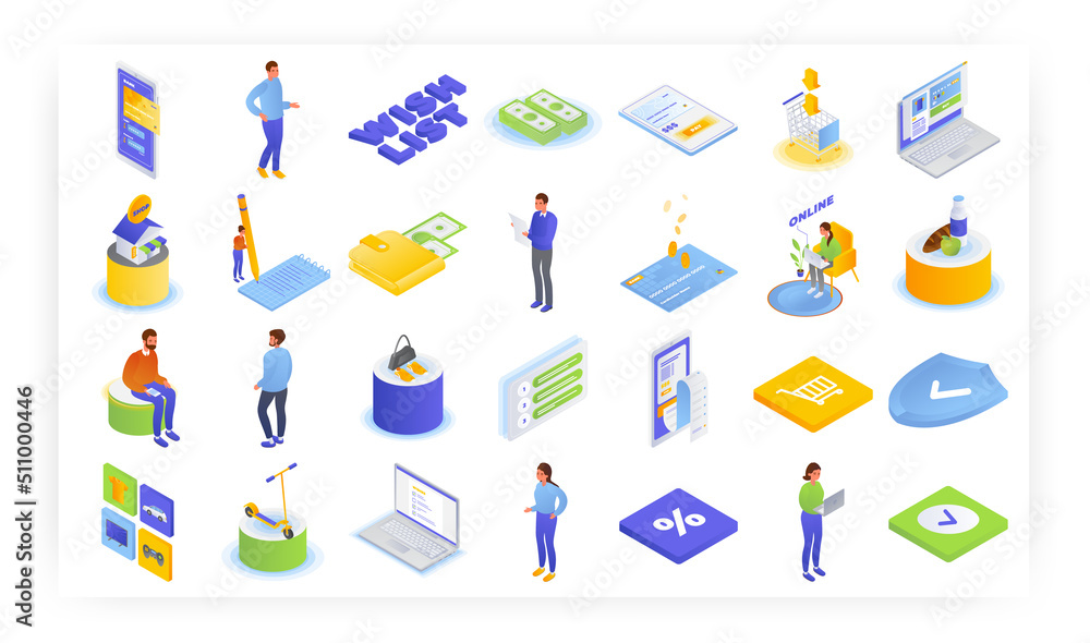 Fototapeta premium Online shopping, vector isometric icon set. People buying groceries, clothing, adding favorite things to wish list.