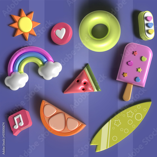 Set of summer icons. Vector summer elements. 3D cute  elements and icons