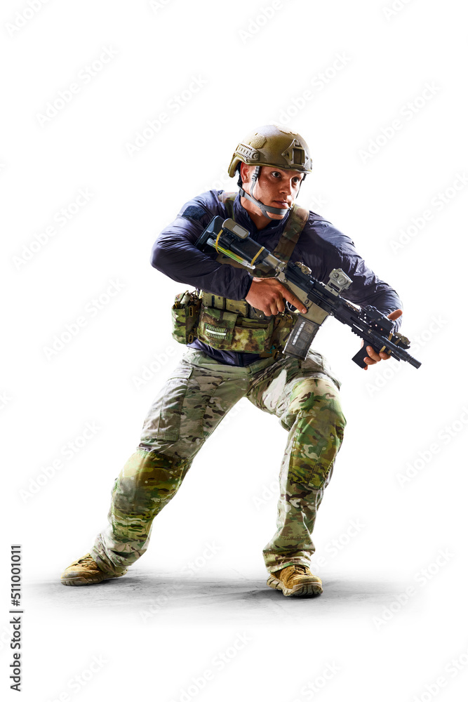 Soldier special forces isolated on the white background. Military concept of the future.