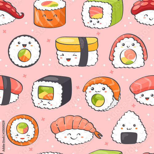 Kawaii Sushi seamless pattern. Vector background of cute sushi, rolls, sashimi with smiling face and pink cheeks in kawaii style. Japanese asian traditional food. Cartoon emoji for textile, web, print
