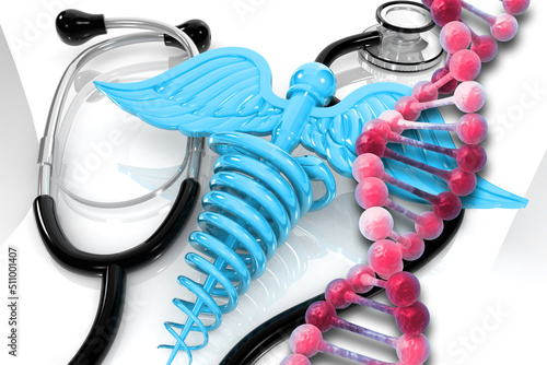 DNA strand with .Caduceus,stethosco. 3d illustration. photo