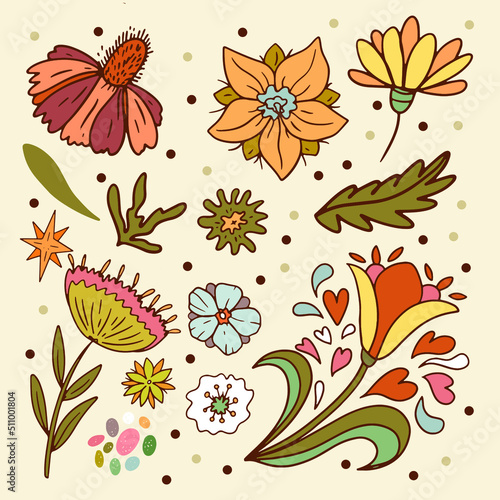 Vector set of hand-drawn flowers in retro style with abstract elements