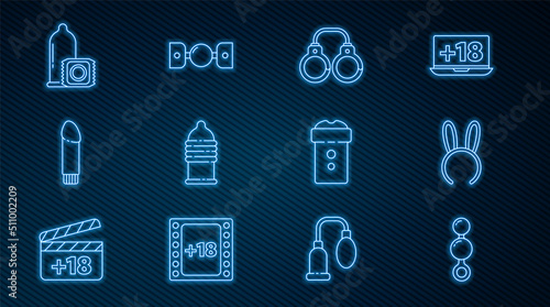 Set line Anal beads, Mask with long bunny ears, Sexy fluffy handcuffs, Condom safe sex, Dildo vibrator, Vagina masturbator and Silicone ball gag belt icon. Vector