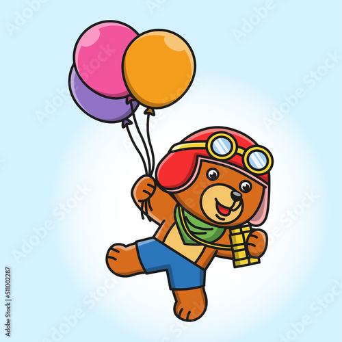 Cartoon illustration of a cute bear flying with balloons