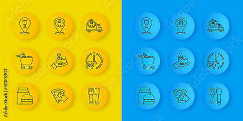 Set line Online ordering and burger delivery, Shopping cart food, Fork spoon, Clock 24 hours, Alcohol beer bar location, Fast by and Cafe restaurant icon. Vector