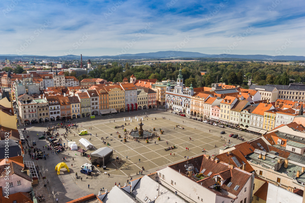 Aerial view of the historic market square in Ceske Budejovice, Czech Republic