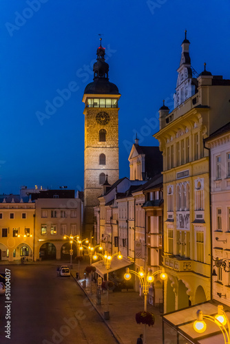 Historic buildings at the blue hour evening light in Ceske Budejovice, Czech Republic
