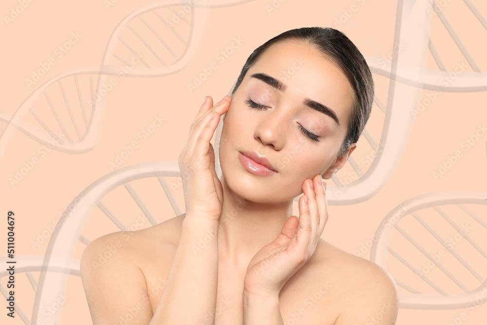Beautiful young woman against beige background with illustration of DNA chains Beautiful young woman against beige background with illustration of DNA chains