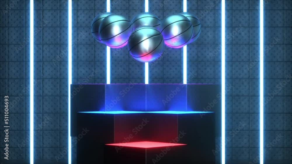 3d basketball bounces jump to the ground, cool blue cold  cg background looping