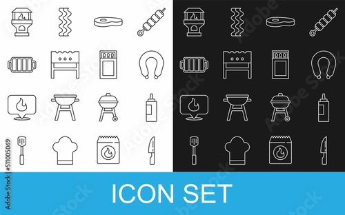 Set line Barbecue knife, Sauce bottle, Sausage, Steak meat, BBQ brazier, grill, Brick stove and Matchbox and matches icon. Vector