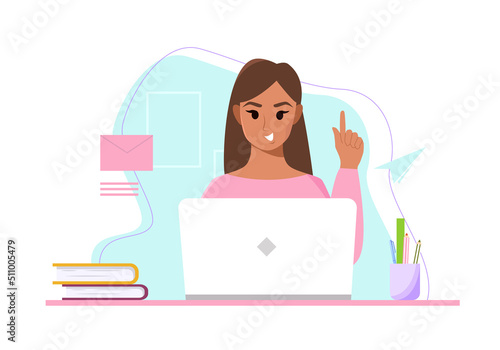 Got it. Young woman working on laptop. Time or project management. Female cartoon character. Vector cute Illustration.