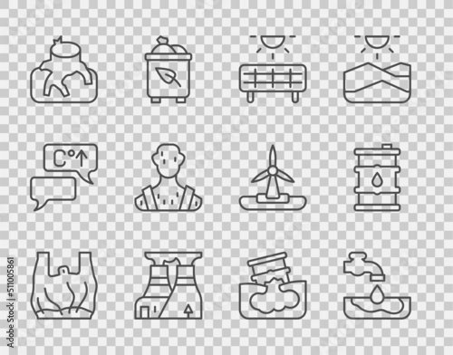 Set line Say no to plastic bags poster, Water problem, Solar energy panel, Nuclear power plant, Deforestation, High human body temperature, Barrel oil leak and icon. Vector