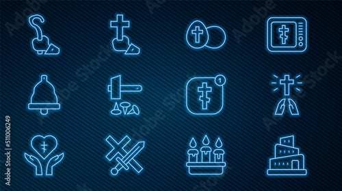 Set line Babel tower bible story, Hands in praying position, Easter egg, Crucifixion of Jesus Christ, Church bell, Magic staff, Online church pastor preaching and Christian cross icon. Vector
