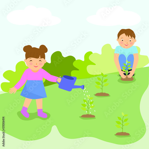 Children are planting trees in the garden, children's activities during the semester break.