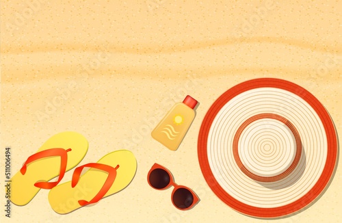 Summer hat, sunglasses, sun protection, flip-flops on sand. Top view. Beach holiday concept. Vector illustration