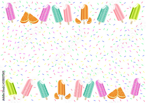 White sprinkles frame background, cute pastel popsicle ice-cream design vector. Menu template.