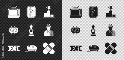 Set Retro tv, Air hockey table, Hockey over sports winner podium, ticket, Ice resurfacer, Crossed bandage plaster, and Award cup icon. Vector