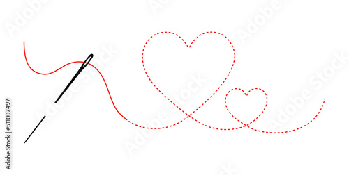 Needle with red thread in the shape of a heart. Heart embroidered seam forward. Vector illustration of a heart outline 