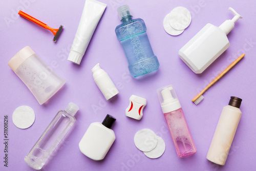 Mockup for bathing products top view flat lay, spa razor, toothpaste, soap, gel and other various accessories. Cosmetics for skin health. Bath Mockup for your logo