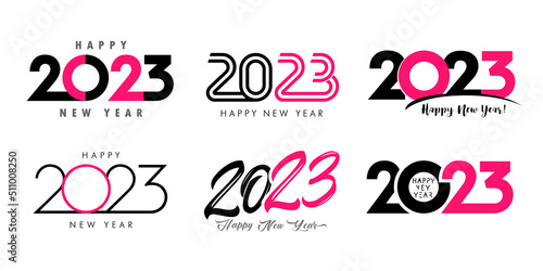 Happy New Year, big set of 2023 logo with pink text design. 20 23 number design template. Collection symbols 2023 Happy New Year. Vector illustration with creative labels isolated on white background