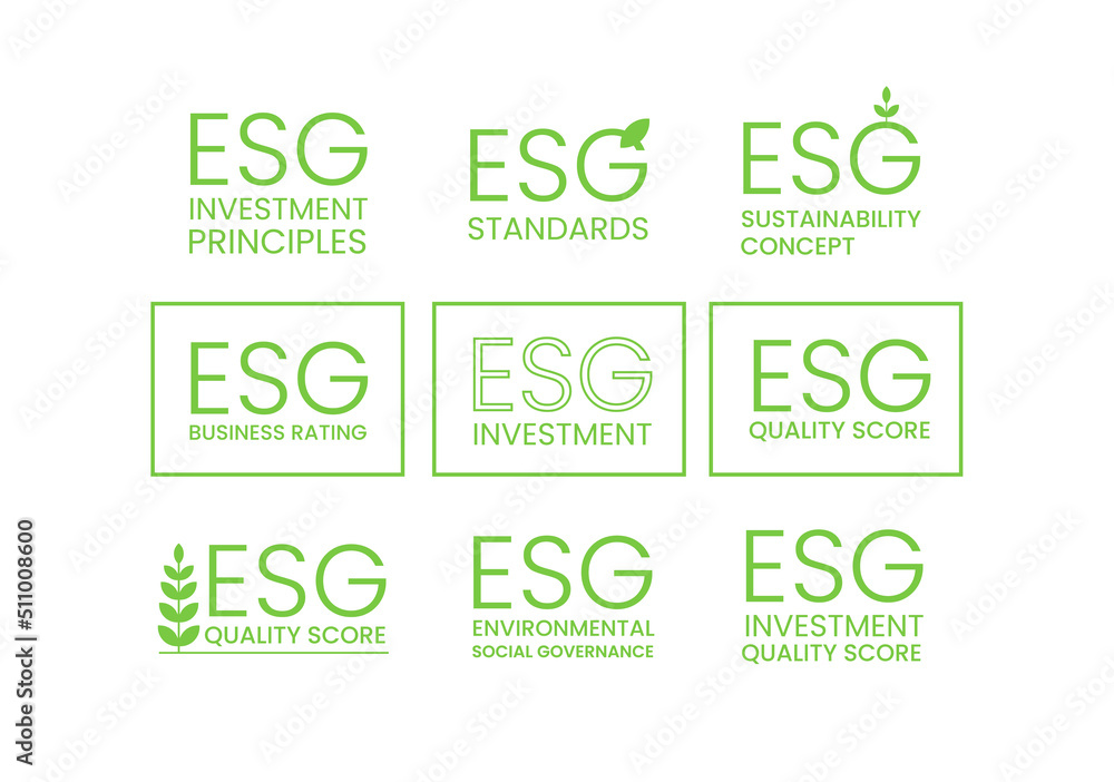 ESG environmental social corporate governance icon set. ESG standards and principles, ESG business quality score, ESG investment, sustainable development goals SDG symbol sign pack. Green eco friendly