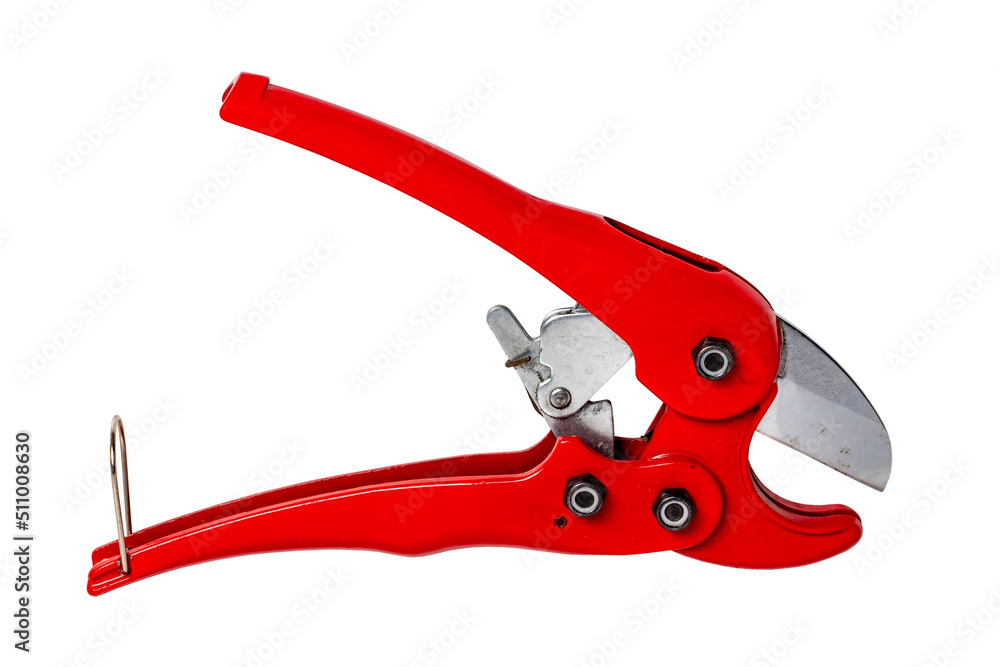 Plumber tools isolated. Closeup of a red PVC pipe cutter for cutting PE