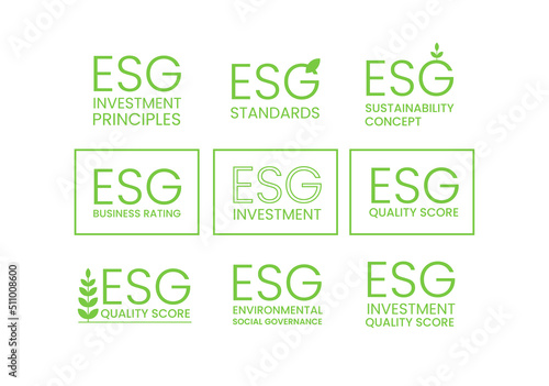 ESG environmental social corporate governance icon set. ESG standards and principles, ESG business quality score, ESG investment, sustainable development goals SDG symbol sign pack. Green eco friendly