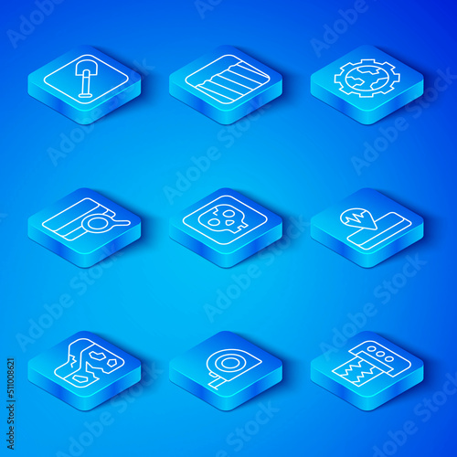 Set line Geological fault, Archeology, Roulette construction, Earthquake, Gear wheels and earth, Soil analysis, Shovel and Seismograph icon. Vector