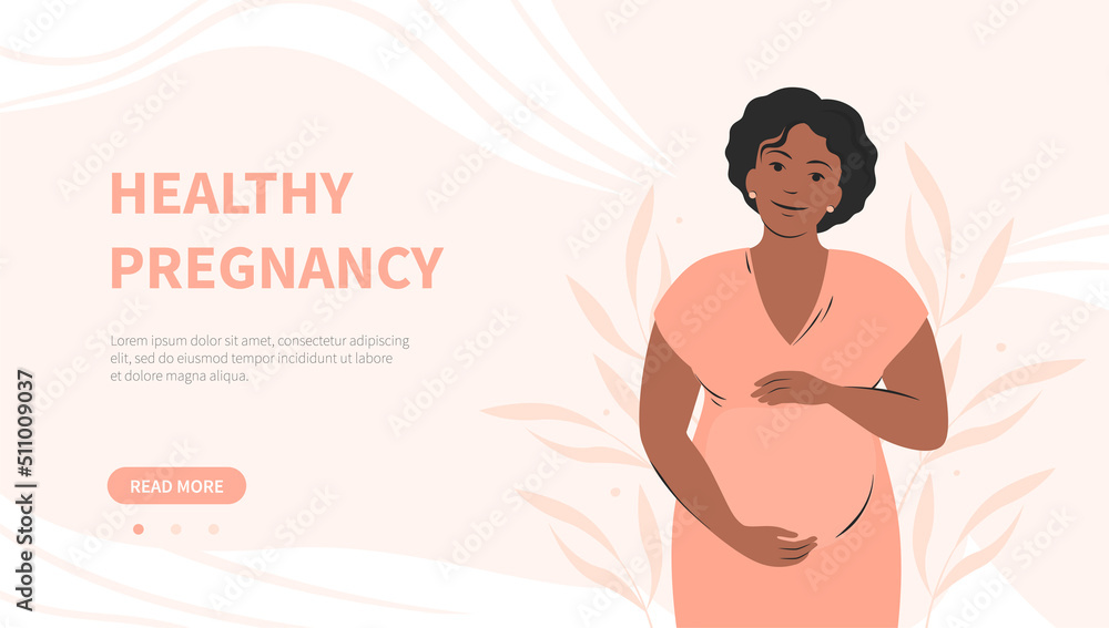 Pregnancy banner. Pregnant woman with dark hair and skin, future mom. Vector illustration. Pregnancy banner. Pregnant woman with dark hair and skin, future mom. Vector illustration.
