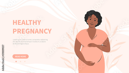 Pregnancy banner. Pregnant woman with dark hair and skin, future mom.  Vector illustration.
