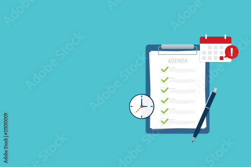 Agenda list on clipboard. Meeting agenda. Reminder with a event list and schedule.  Presentation with memo,