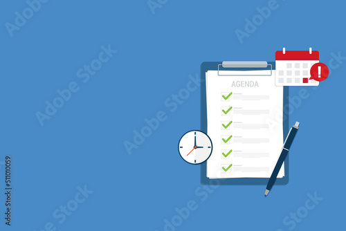 Agenda list on clipboard. Meeting agenda. Reminder with a event list and schedule.  Presentation with memo,