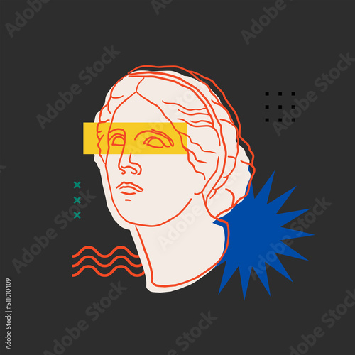 Classic Venus statue in trendy modern style. Colorful head of antique sculptures for design of clothes, posters, shopping bags, shops, books, postcards. Hand-drawn vector illustration.