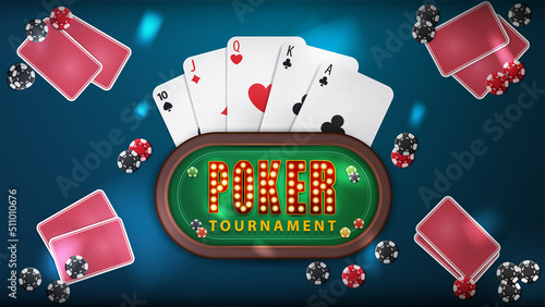 Poker tournament, blue banner with poker table with symbol with lamp bulbs, playing cards and poker chips