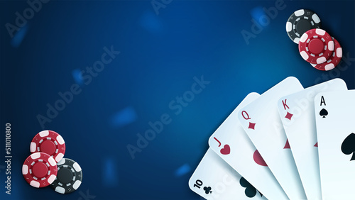 Casino playing cards and poker chips on blue background, top view