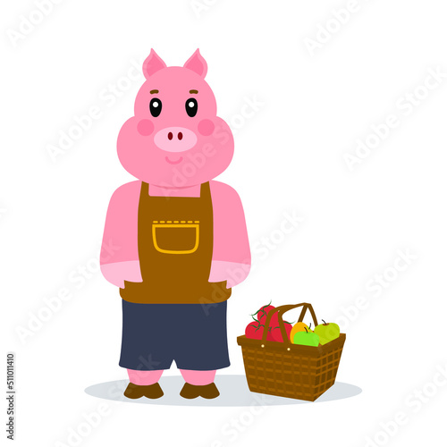 Cute pig farmer, attractive cartoon animal dressed in human clothes. Vector Illustration
