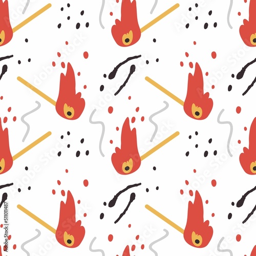 Seamless pattern with matches on a white background. Burnt matches and ashes. A lit match burns with a bright flame. Sparks from the flame of a lit match. Cartoon illustration in flat and outline styl