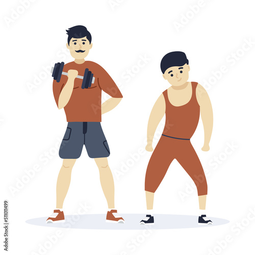 Two young sportsmen on white background. Healthy lifestyle. Workout. Fitness and bodybuilding. Vector illustration in flat style