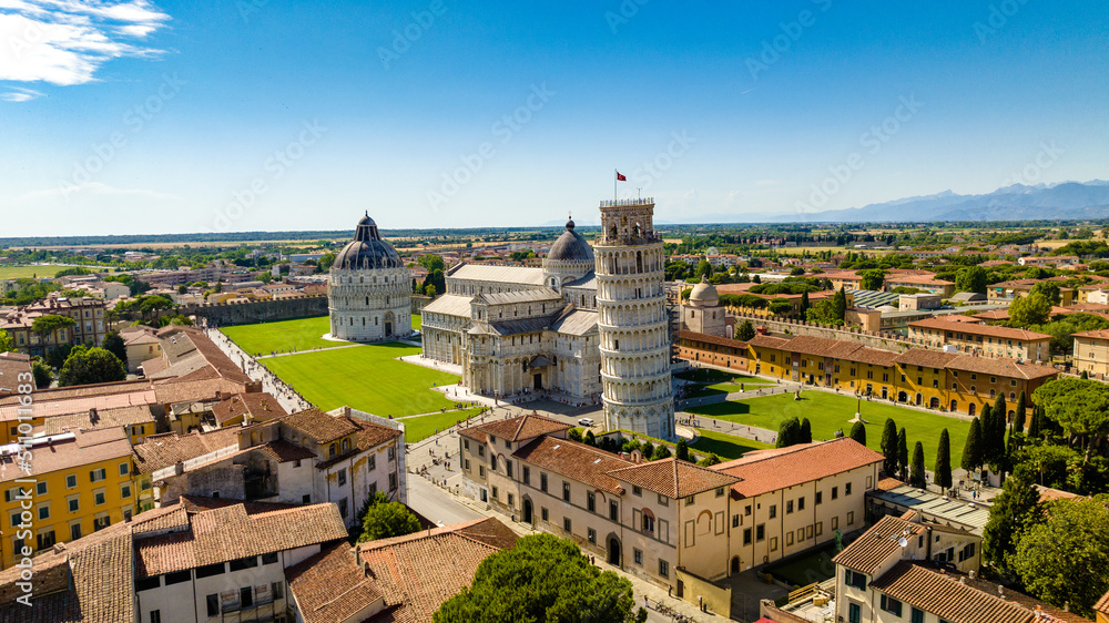 Aerial view at tower of Pisa in Italy on a sunny day