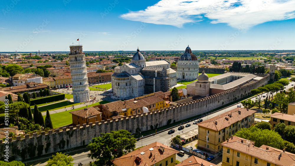 Aerial view at tower of Pisa in Italy on a sunny day