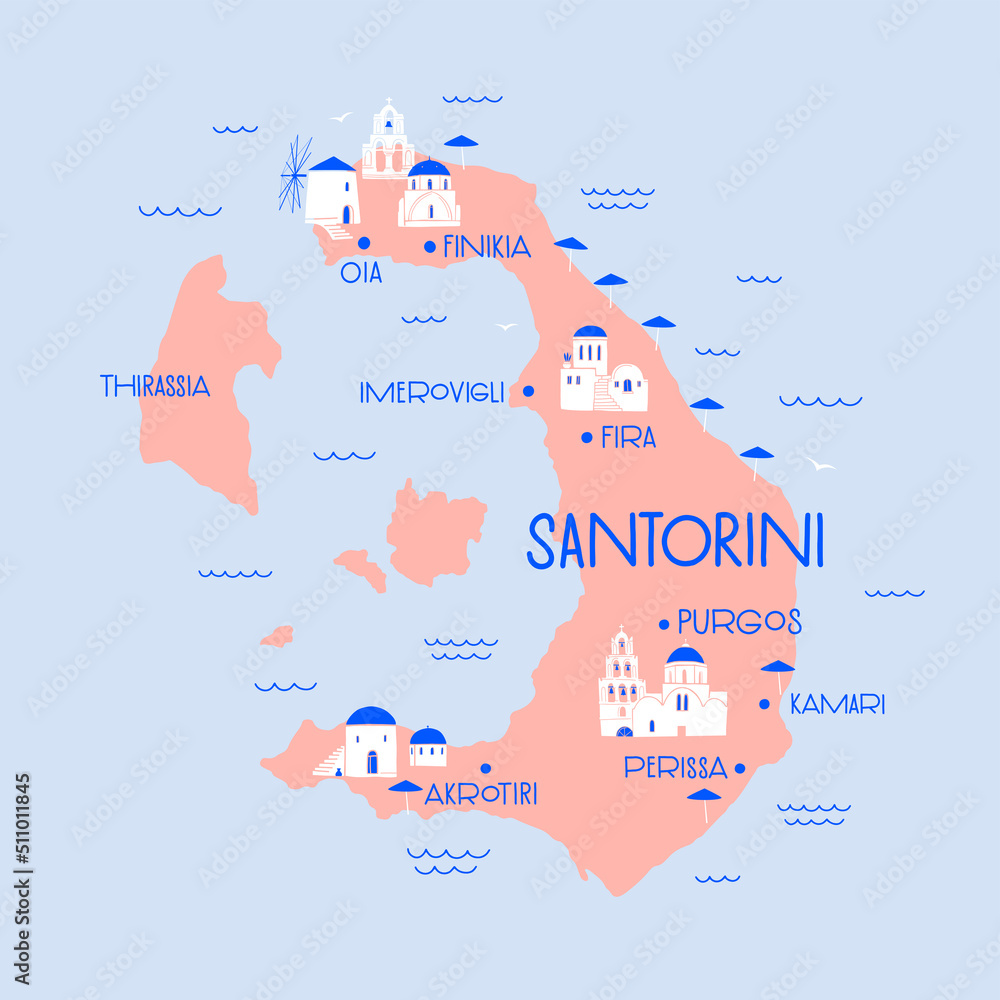 Decorative map of Santorini Island with traditional white windmills and blue roofed temples. Vector illustration isolated.