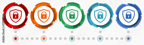 Shield with padlock concept vector icon set, flat design pointers, infographic template