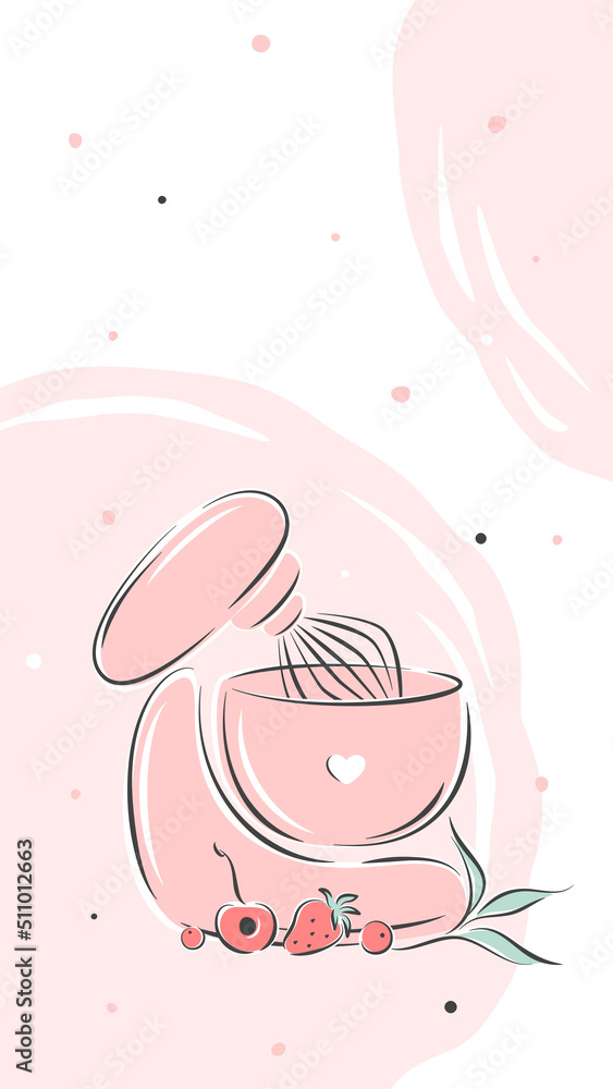 Planetary stationary dough mixer, cakes and berries. Design sample for pastry and bread shop. Cake shop logo. Vector illustration Planetary stationary dough mixer, cakes and berries. Design sample for pastry and bread shop. Cake shop logo. Vector illustration