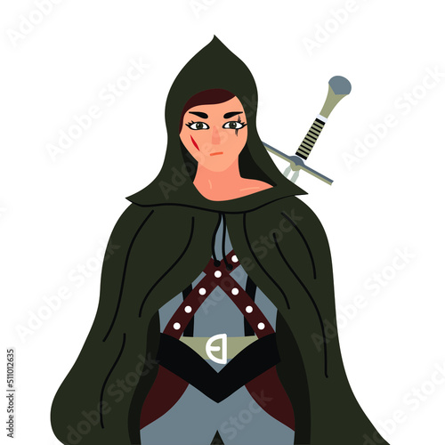 Warrior woman character with one sword behind the back. Girl knight in a hood is dressed in raincoat. Vector illustration