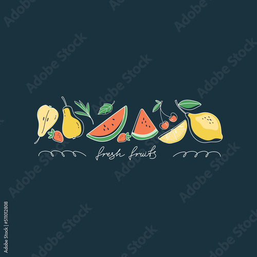 Hand illustrations. Various fruits are arranged in a row in summer colors. Trendy summer beach party invitation design, alcoholic drinks bar menu, cocktail card. Vector illustration.