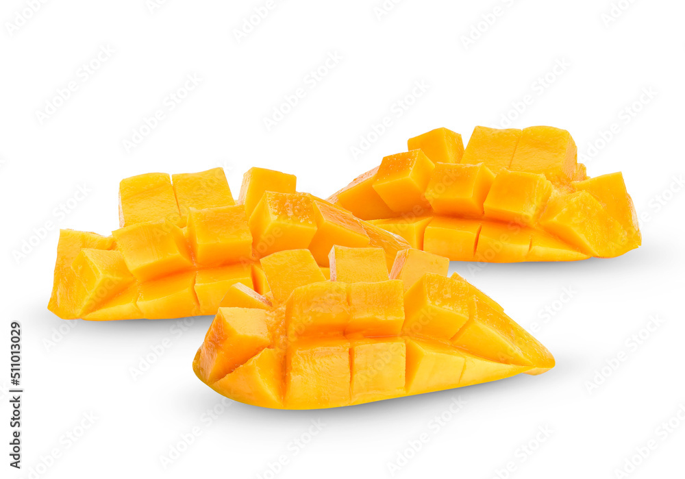 Ripe yellow Mango with cut in half isolated on white background. Ripe yellow Mango with cut in half isolated on white background.