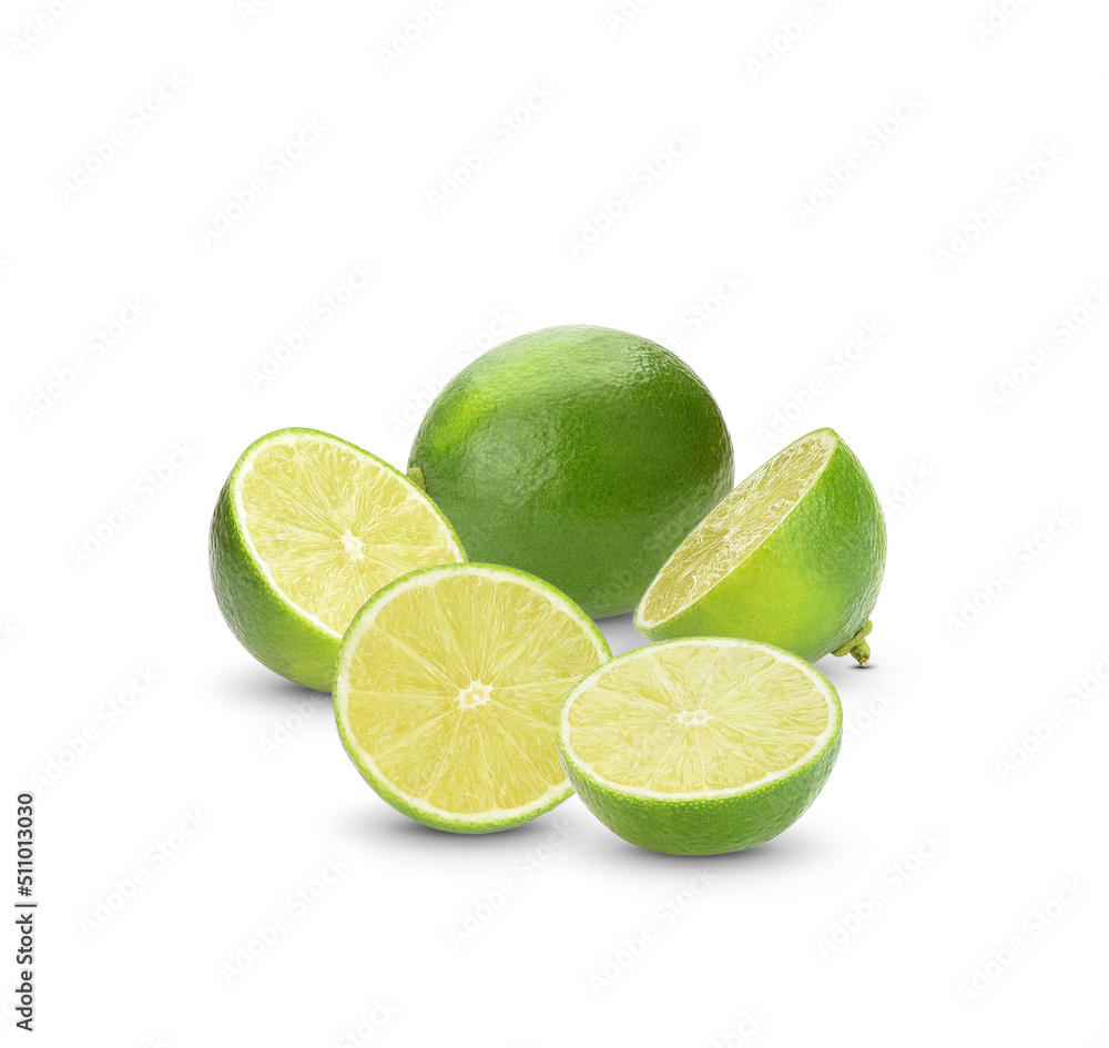 Half with slice of fresh green lime isolated on white background.
