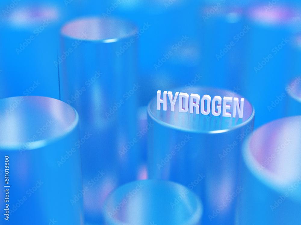3D rendered illustrations of blue and clear cylinders. Hydrogen model for ecological fuels or modern solution industry. Visualization for blue energy. 3D rendered illustrations of blue and clear cylinders. Hydrogen model for ecological fuels or modern solution industry. Visualization for blue energy.