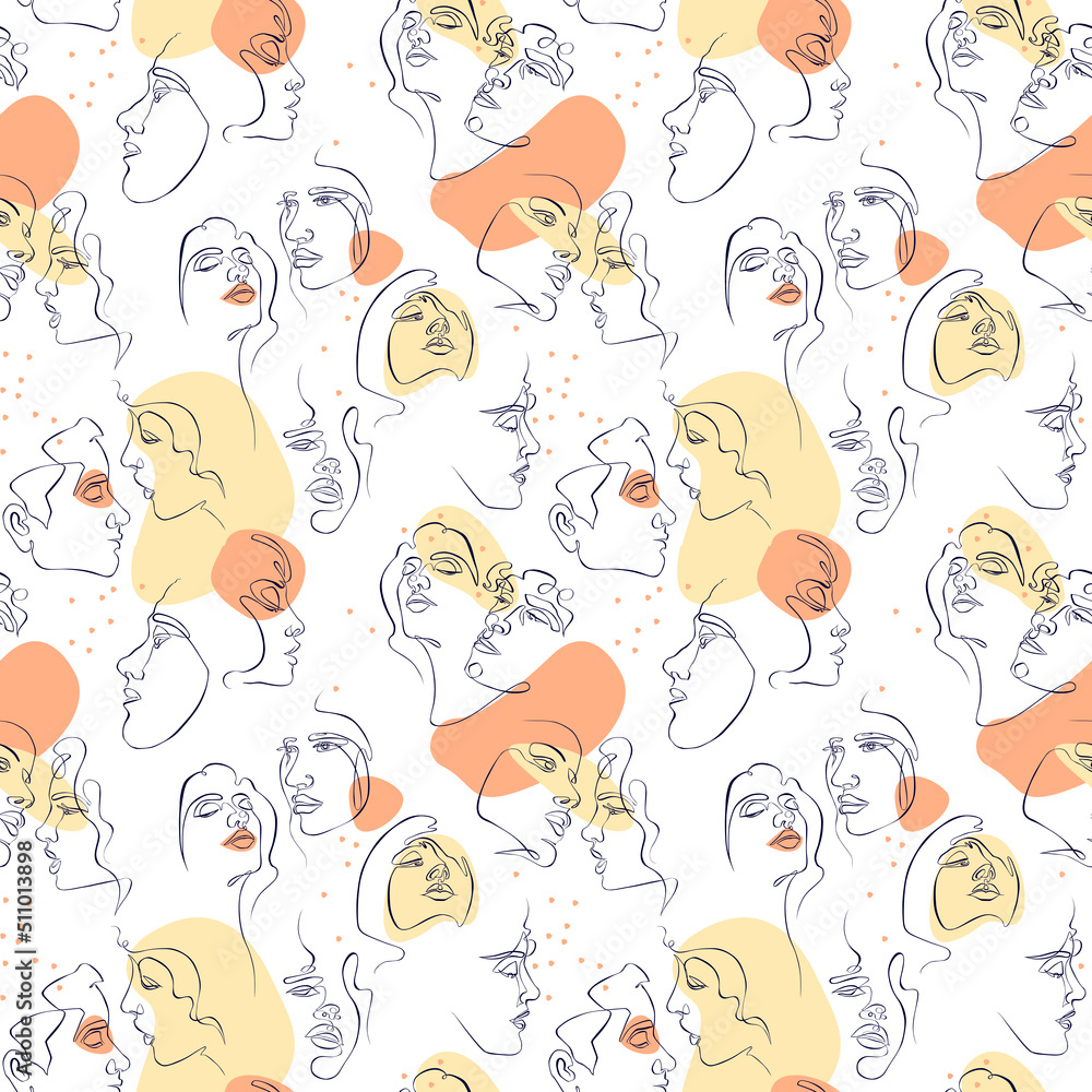One line face seamless pattern. Abstract woman and man faces. White background One line face seamless pattern. Abstract woman and man faces. White background